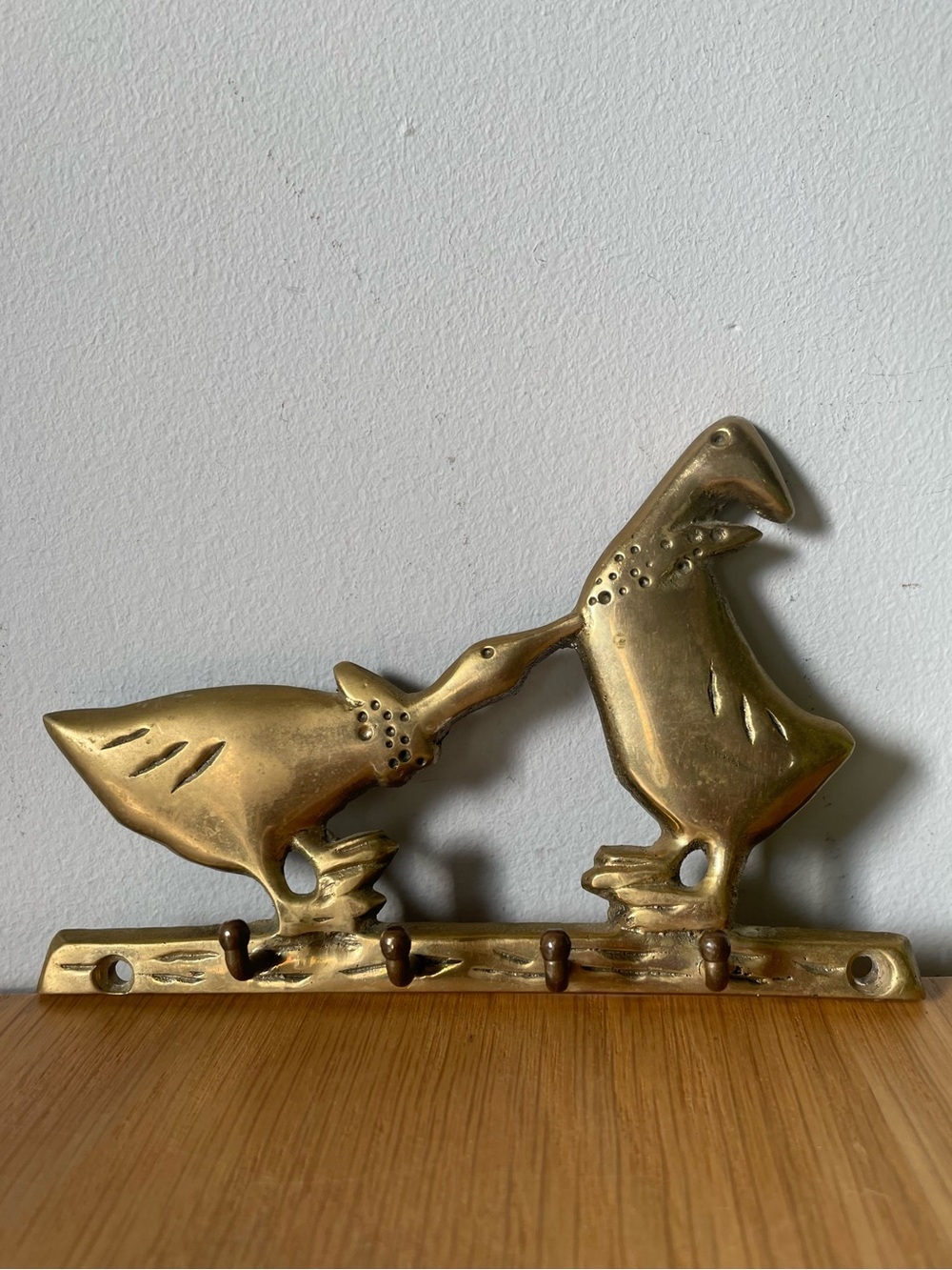 Vintage 1980s Solid Brass Geese Key Holder Wall Hook Rack Cottagecore Farmhouse